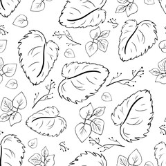 Seamless pattern with large leaves, flowers and twigs, black and white illustration