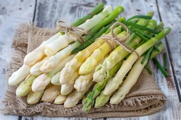 A bundle of fresh asparagus with bright green and white spears, perfect for cooking or garnishing dishes