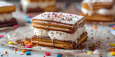 Churro ice cream sandwich, made with homemade churros and vanilla ice cream. A delicious dessert for celebrating happy party. Ice Cream Sandwich Day on August 2