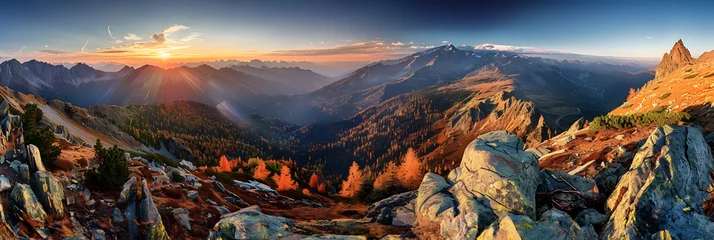 Tableau sur toile Coucher de soleil Panorama mountain autumn landscape  © john