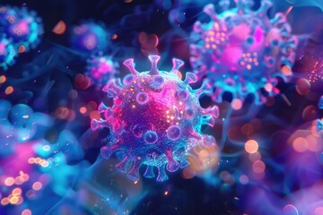 A group of corona cells in shades of purple and blue, likely from a biological sample or scientific illustration
