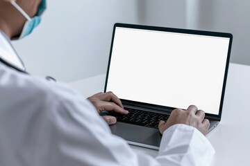 Doctor Typing on Laptop in Bright, Minimalist Medical Office Setting