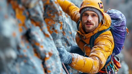 An avid climber ascends a steep rock face equipped with safety gear, showcasing determination and the thrill of extreme sports.