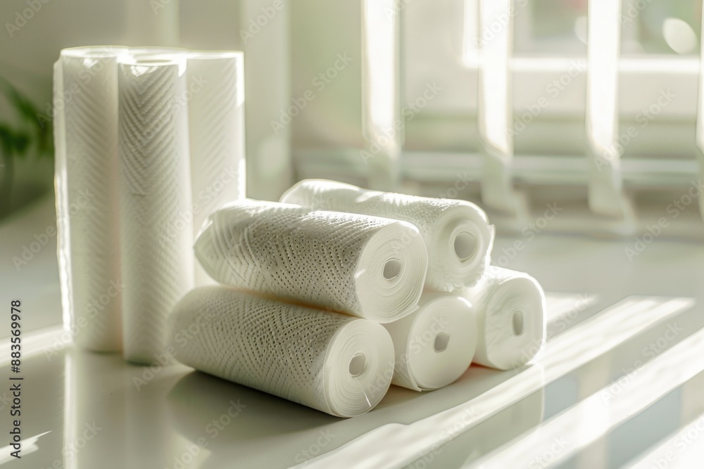 Aufkleber A stack of toilet paper rolls sitting on a counter, with a compact and efficient layout