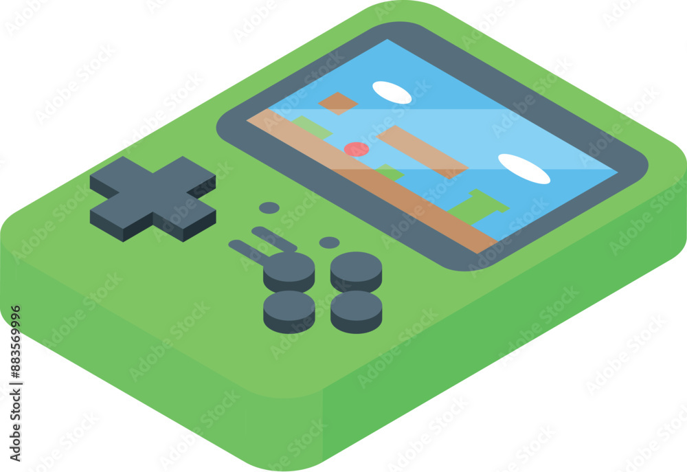 Poster isometric view of a green handheld video game console displaying a running character
