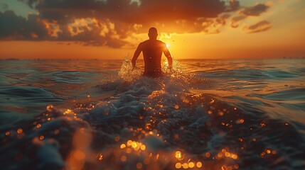 Obraz premium A tranquil scene of an individual standing in the sea as waves gently splash around during a picturesque sunset
