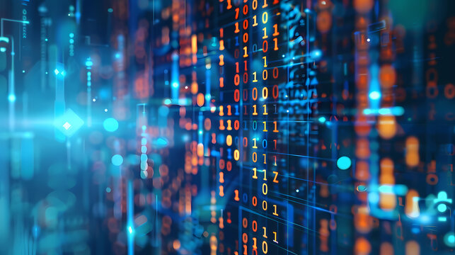 Digital data background with binary code and computer screen