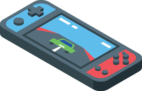Portable game console showing racing game on screen, isometric icon