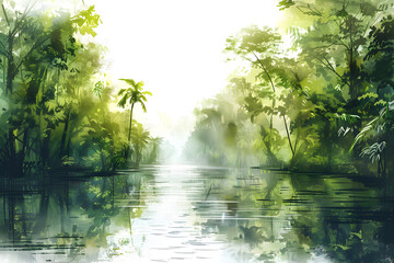 Watercolor landscape of the Amazon