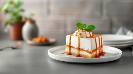 A slice of tres leches cake covered in whipped cream, drizzled with caramel sauce, and garnish with a mint leaf, on a white plate.