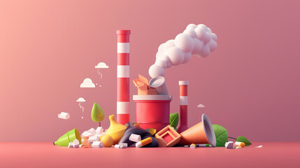 3D illustration of industrial pollution and waste management, highlighting environmental impact. Eco-friendly awareness and recycling concept.