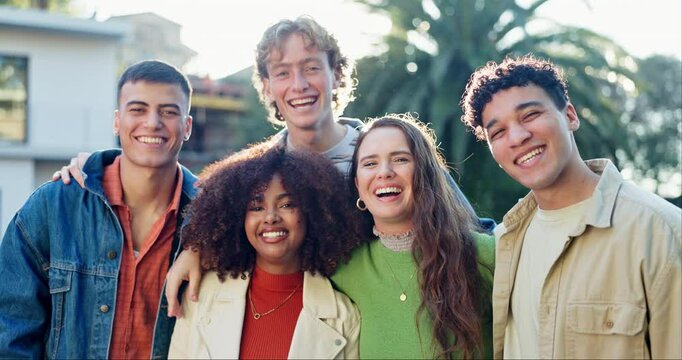 Face, love or smile with group of friends outdoor in summer together for bonding, humor or laughing. Funny, happy or portrait of gen z men and women in neighborhood for community, fun or hang out