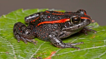 Obraz premium Red-striped Poison Frog, Beautiful Black and Red Frog on a Leaf, Wildlife Photography
