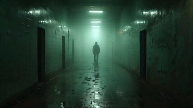 A lone silhouette stands in a fog-filled tunnel illuminated by an overhead light, creating a scene filled with intrigue and suspense