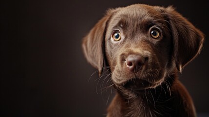A close-up shot of a brown dog's face, looking directly at the camera