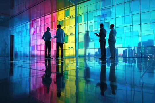 A group of people standing in front of a vibrant and colorful wall, great for use as a background or concept image