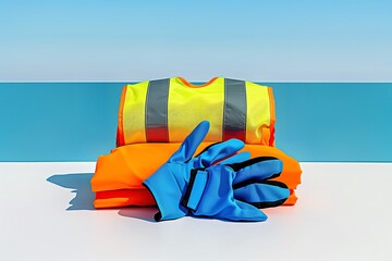 Stacked high-visibility safety vest and gloves on a table with a blue and white background.
