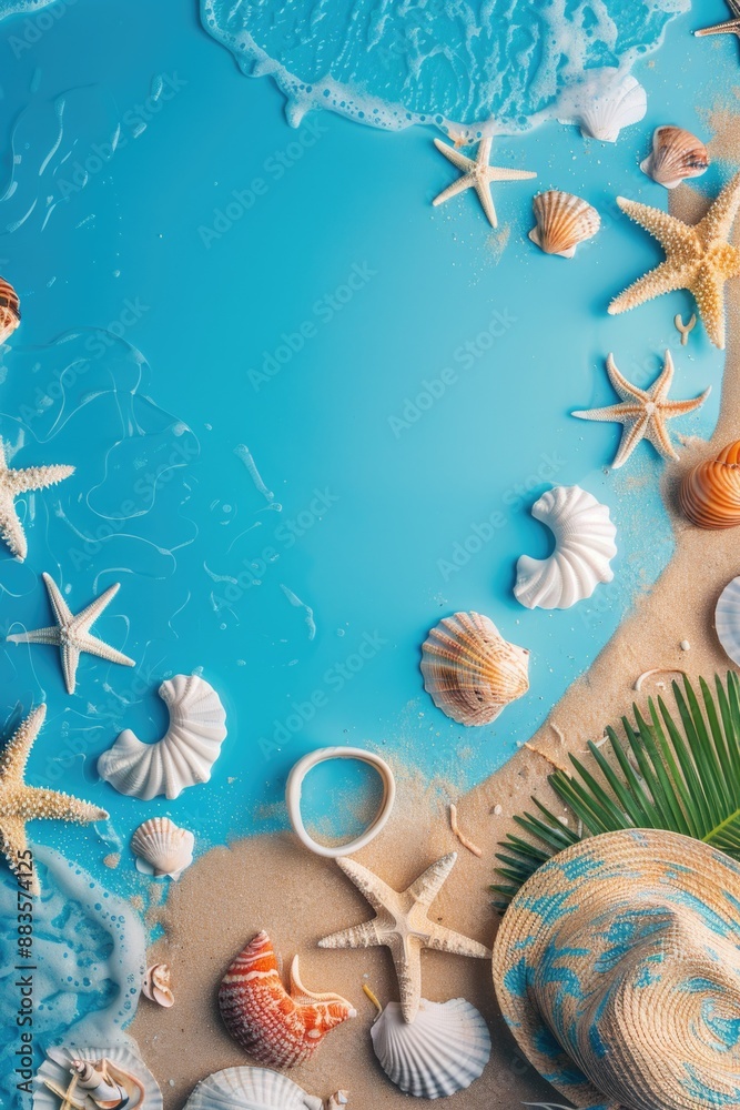 Aufkleber a close-up of a beach scene featuring shells and starfish on the sand, great for decorative purposes