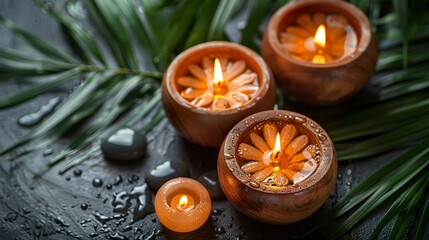 Visual composition for spa advertising in top view. Background with representations of baths with aromas and services offered by a spa.
