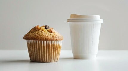 A delicious muffin sits beside a steaming cup of coffee