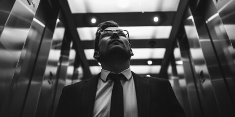 A man in a business suit and tie standing in an elevator