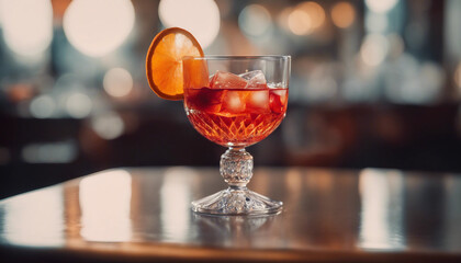 Negroni in a crystal glass with an orange slice in an upscale Italian restaurant