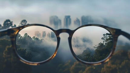 An illustration of a view through a pair of prescription glasses. Vision through glasses with clear, blurry image illustrating improved vision.