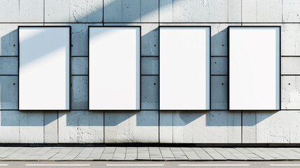 Four blank poster mockup on plain wall for branding and marketing