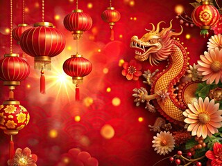 Obraz premium Vibrant red background highlights stunning lanterns and flowers adornments celebrating Happy Chinese New Year, featuring majestic Year of the Dragon zodiac sign with ample copy space.