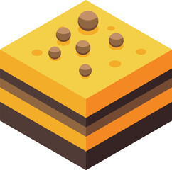 Delicious square cake with chocolate and cream layers is showing a tasty pastry design on white background