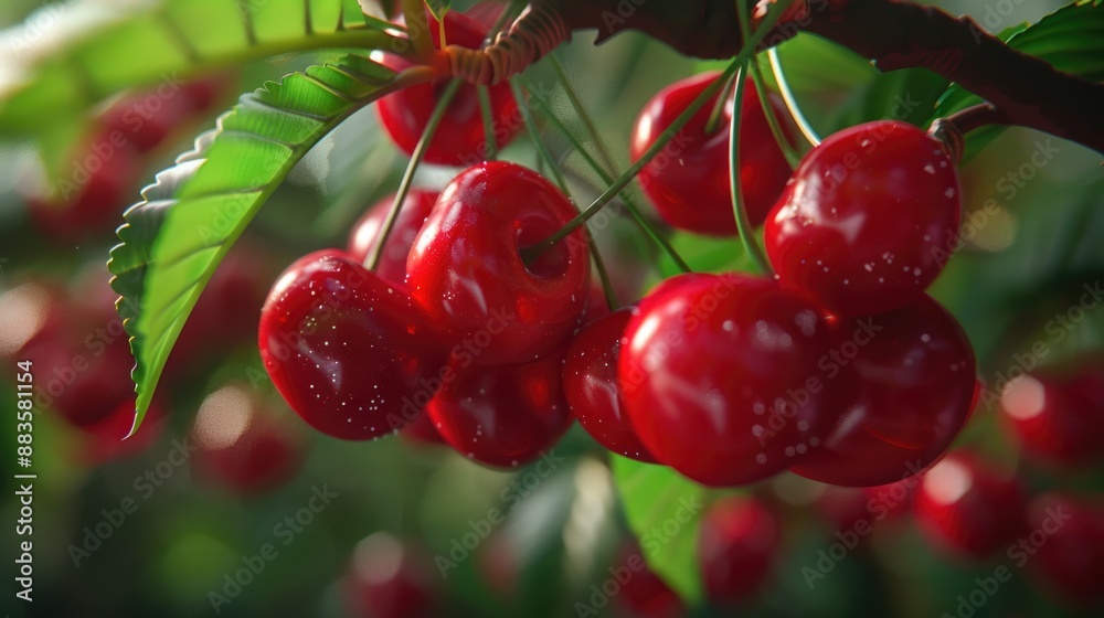 Poster close-up of cherry branches with ripe fruit hanging from the tree, ideal for food and decoration use