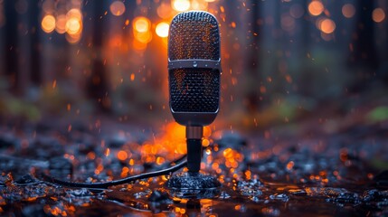 A close-up of a modern microphone set against the enchanting backdrop of a misty forest at golden hour, highlighting the contrast between technology and natural beauty.