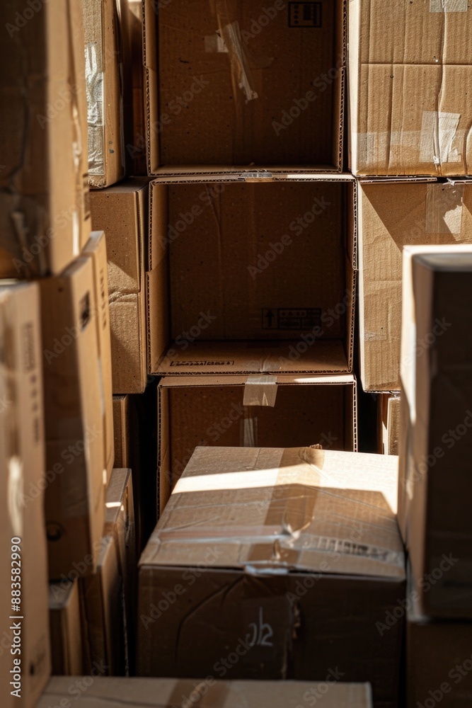 Poster A room filled with cardboard boxes, perfect for storing and organizing items