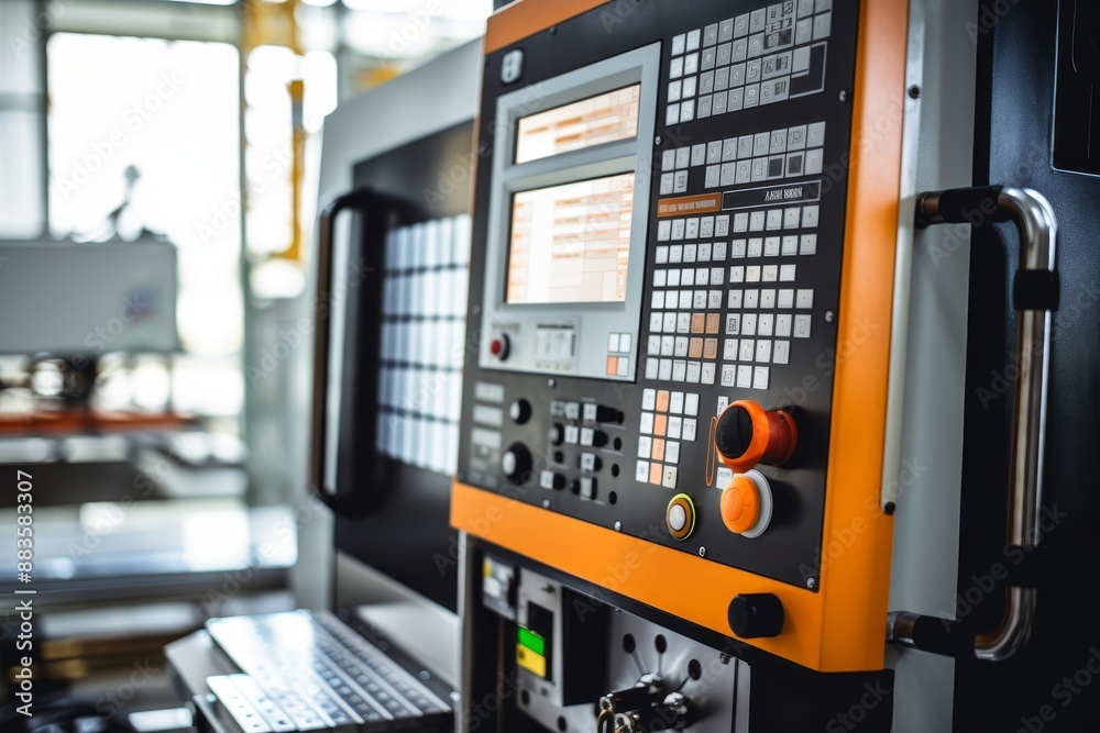 Poster complexity revealed cnc machine control panel shows data and graphs on multiple screens