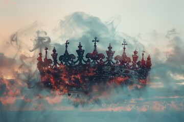 Fototapeta premium A royal crown floats in a cloudy blue sky with fluffy white clouds