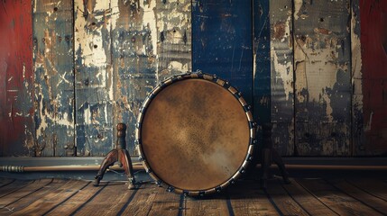 A French drum from the revolution era, placed on a richly textured wooden background Ideal for historical presentations and Bastille Day celebrations, with room for text