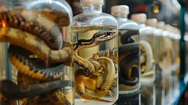 Close-up of animals preserved in formaldehyde
