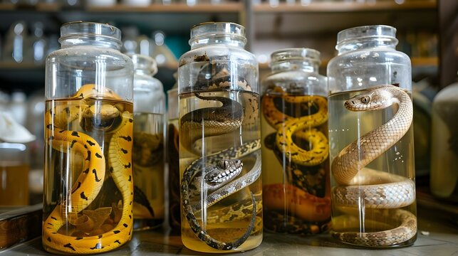 Close-up of animals preserved in formaldehyde