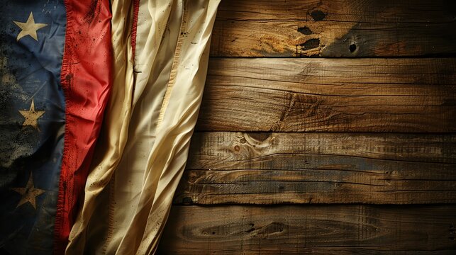 Antique French flags gently draped on a rustic wooden wall, illuminated by warm light Ideal for patriotic themes and Bastille Day celebrations, with ample space for text