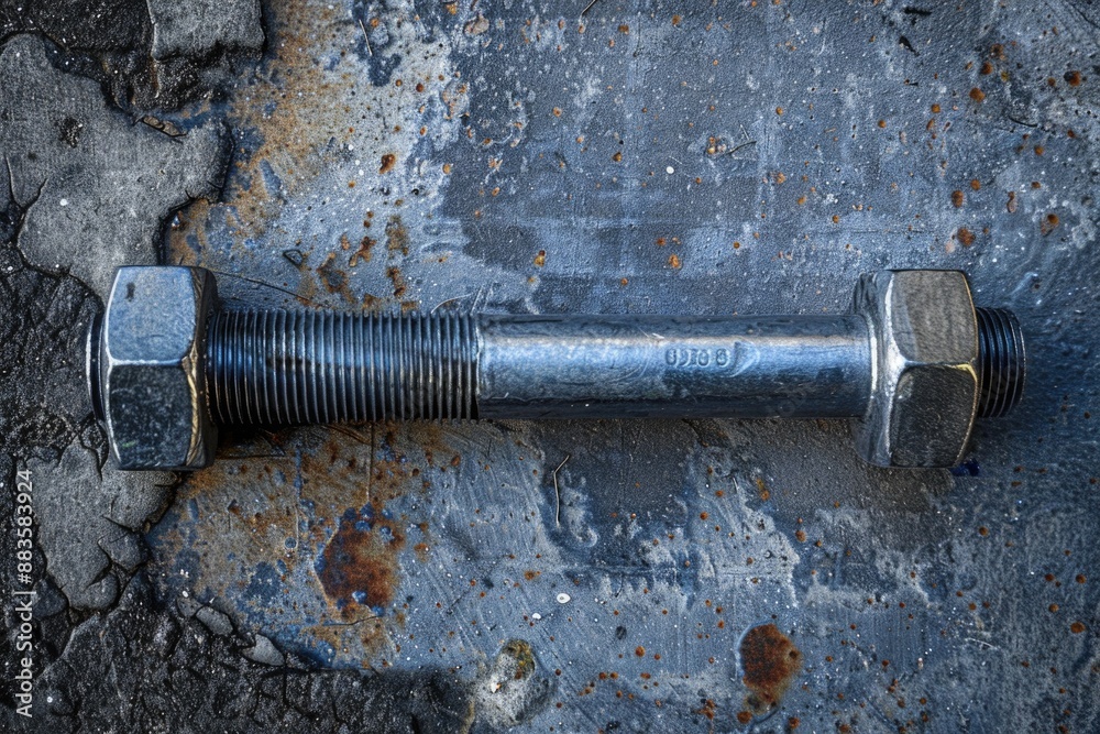 Poster a close-up view of a bolt and nut lying together on the ground