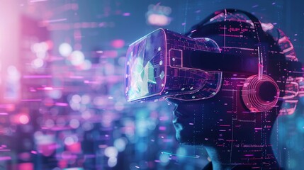 Man immersed in virtual reality with futuristic neon pink lights