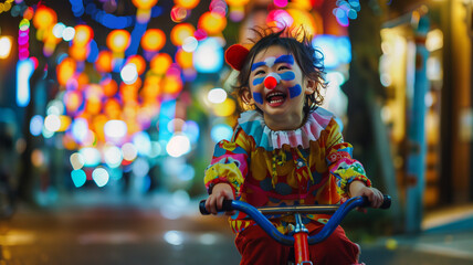 ピエロの衣装を着た子供とハロウィン装飾の通り