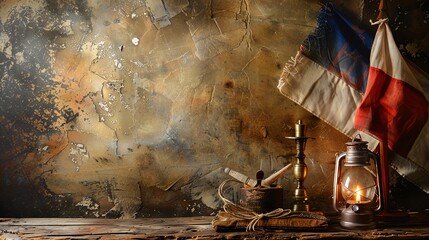 French Revolution artifacts displayed against a minimalist backdrop, illuminated by focused light Ideal for historical collections and Bastille Day promotions, with room for text