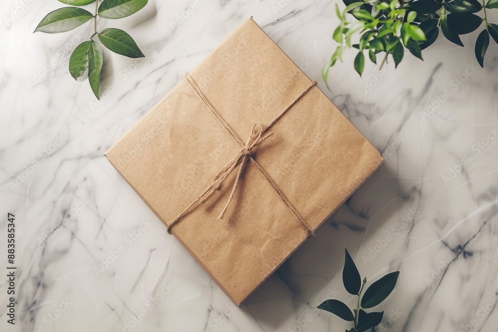 Poster a box wrapped in brown paper sitting on a marble surface, suitable for use as a prop or decorative e
