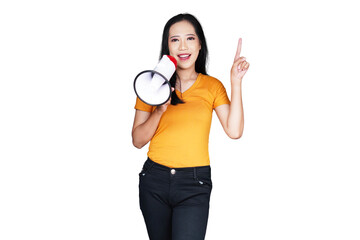 Woman in casual outfit using megaphone and pointing isolated transparent