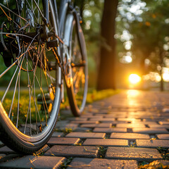 Bicycle in the park at sunset. Bicycle close-up.