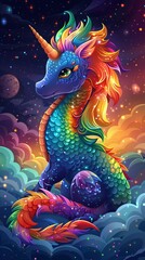 Magical Fantasy colorful wallpaper illustration with Rainbow and Dragon. Cute adorable Style in Pastel Colors.