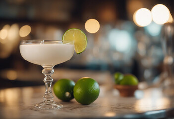 Pisco sour in a coupe glass with a lime twist and bitters in an elegant Peruvian restaurant
