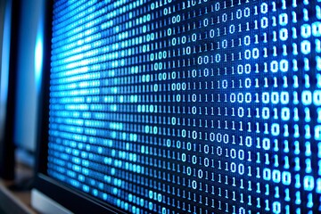 Fototapeta premium Close-up of a computer monitor displaying a rapid scrolling sequence of binary code numbers in a mesmerizing array of ones and zeros in a dark background.