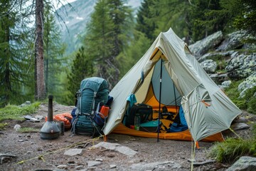 Camping Gear Set Up in a Mountain Forest